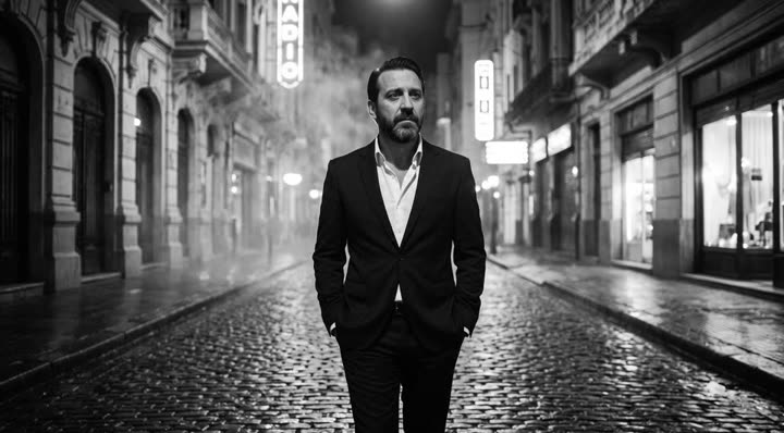 Ian Marone caminando por una calle empedrada de noche