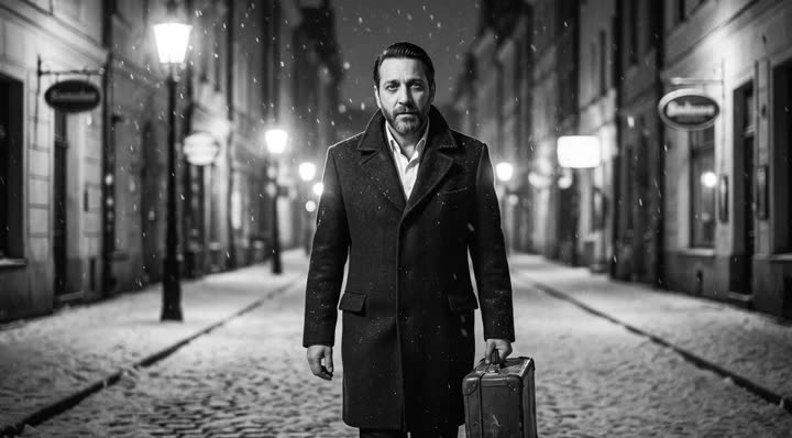 Ian Marone con abrigo y valija en una calle nevada