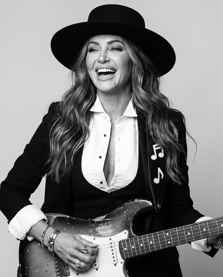 Mia con sombrero y guitarra eléctrica, riéndose
