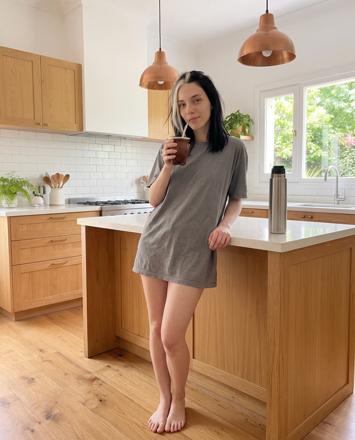 Nina drinking mate in the kitchen