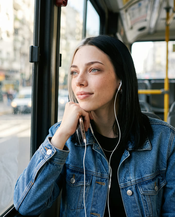 Nina on the bus with headphones