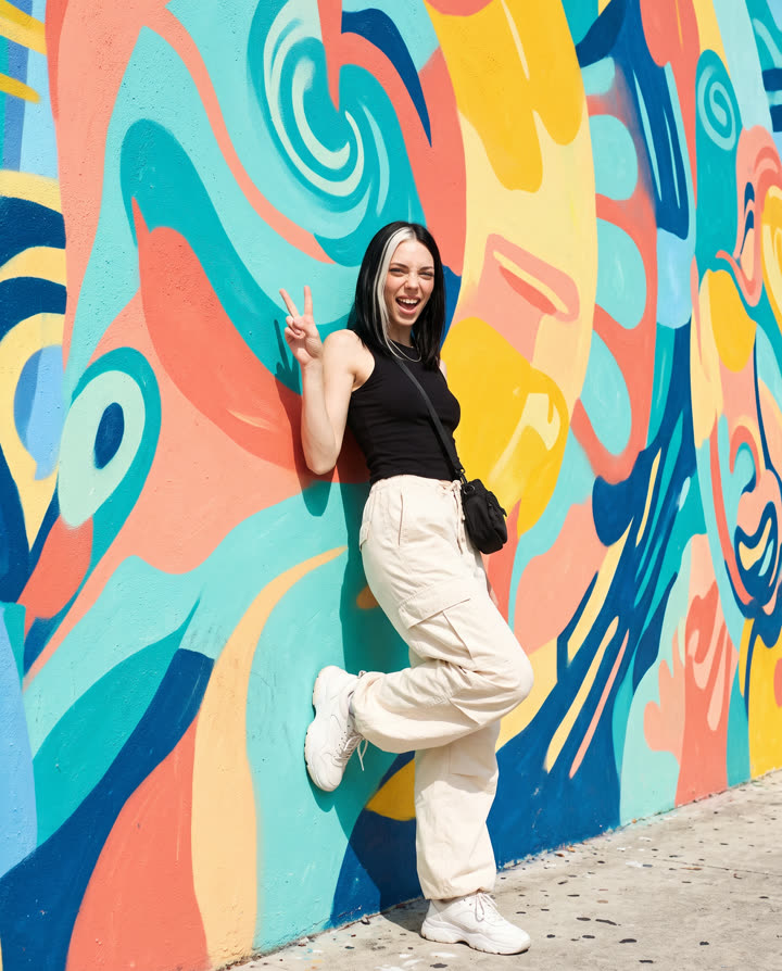Nina posando frente a un mural