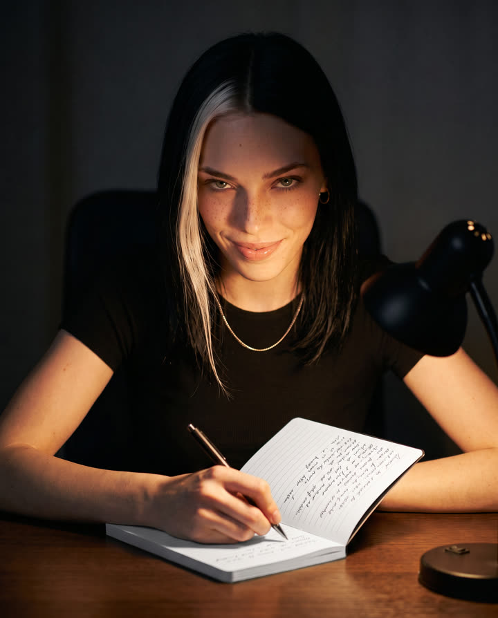 Nina escribiendo en un cuaderno de noche